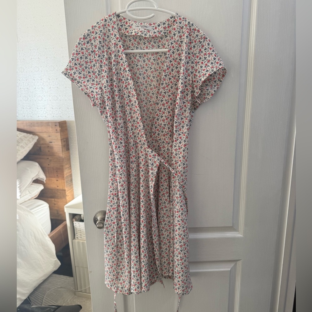 Women’s White Floral Wrap Dress with Pink Accents